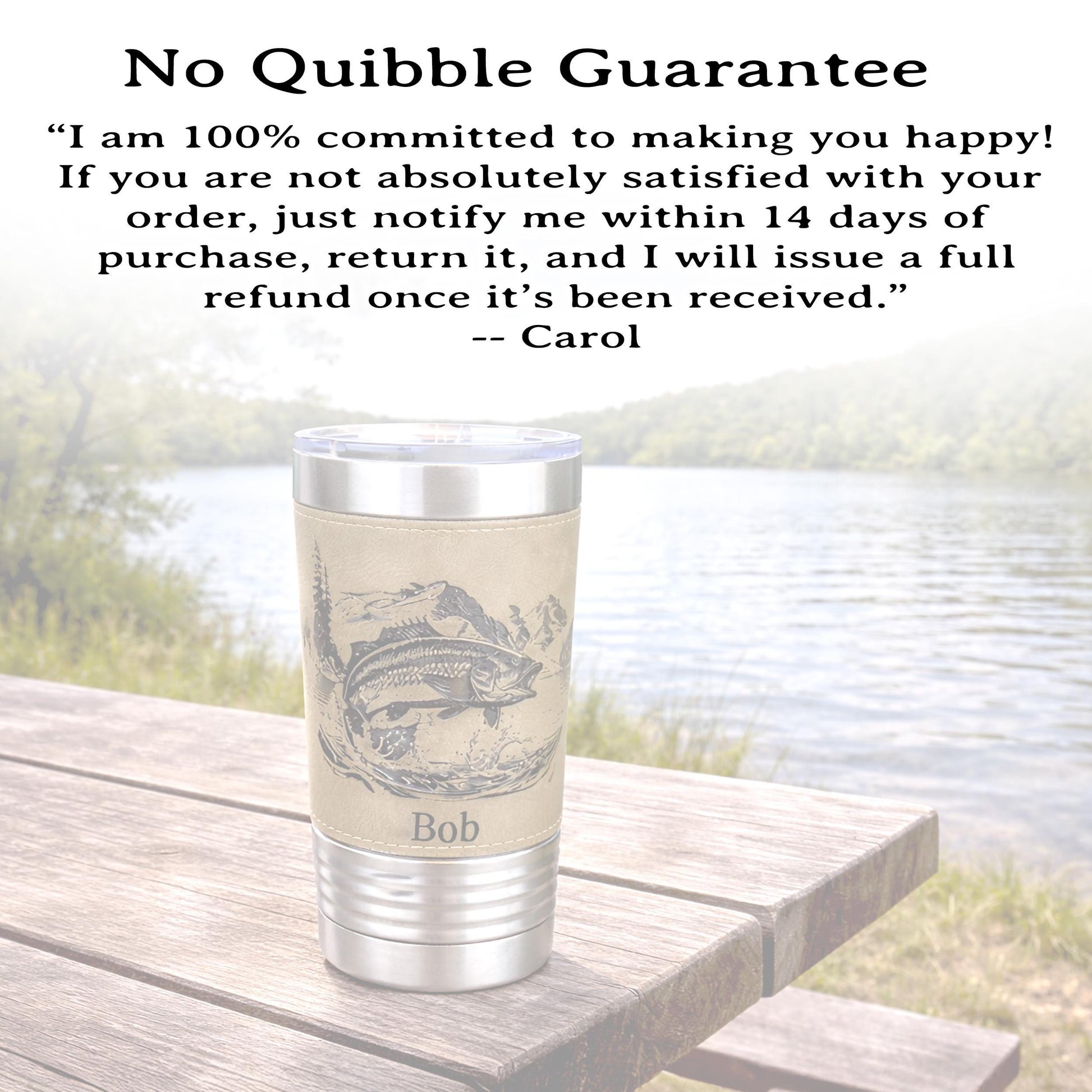 Personalized fishing tumbler, engraved fishing gift, Faux Leather Polar Camel, insulated travel mug, outdoors coffee mug, leatherette cup