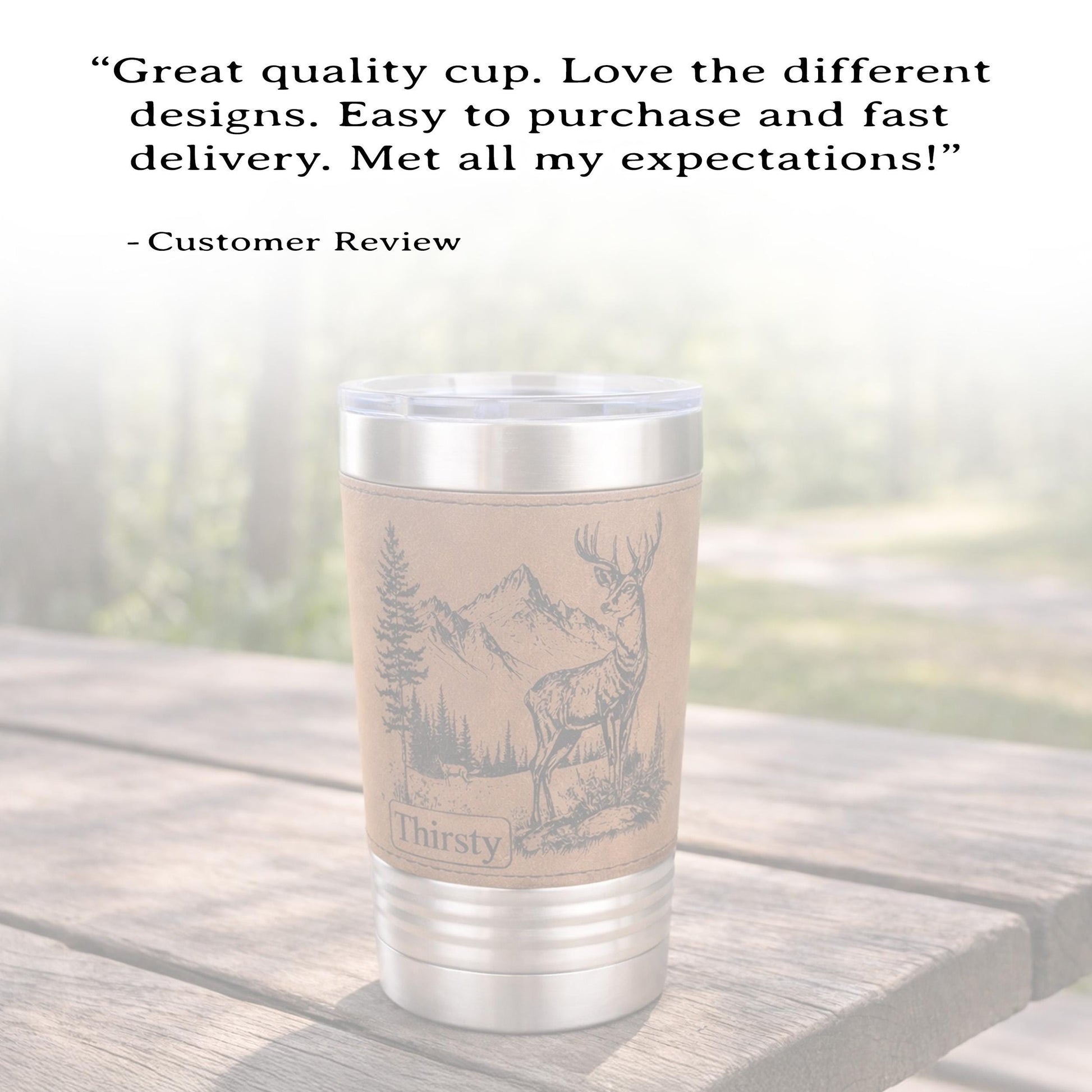 A New Deer in the Mountains Design is Engraved on Leather wrapped travel mug, the Perfect Deer Hunter Gift for Men & Women who love to Hunt