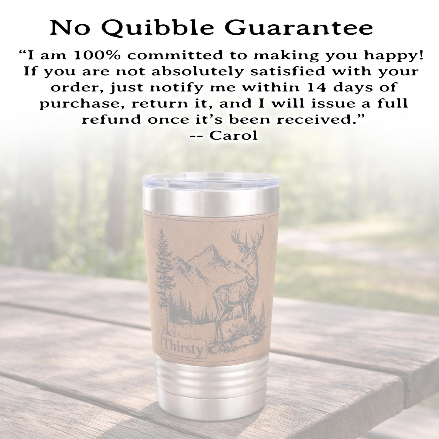 A New Deer in the Mountains Design is Engraved on Leather wrapped travel mug, the Perfect Deer Hunter Gift for Men & Women who love to Hunt