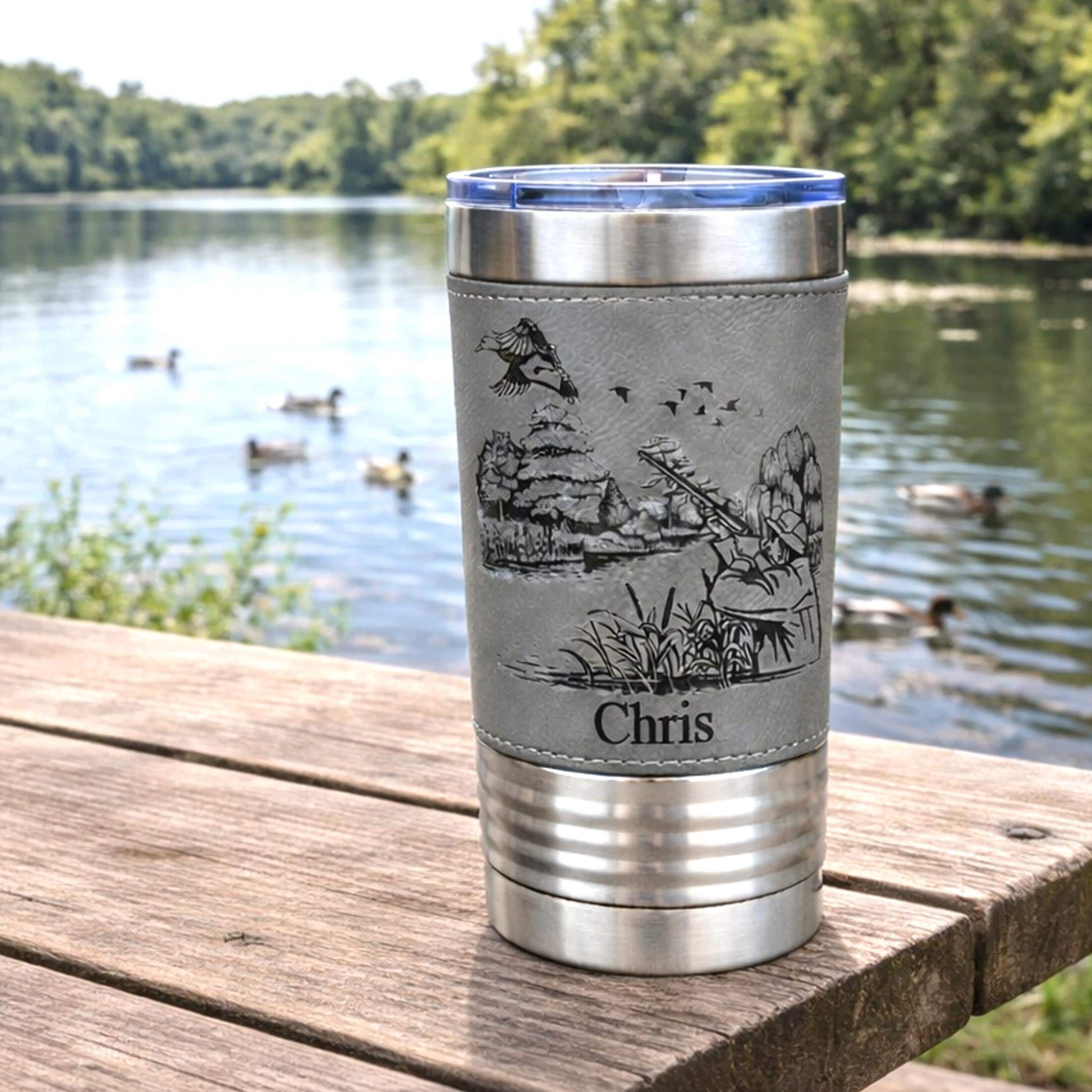 Personalized engraved duck hunting gift, best hunting gift, Polar Camel leather travel mug, outdoor tumbler, Duck hunting art, Insulated