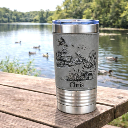 Personalized engraved duck hunting gift, best hunting gift, Polar Camel leather travel mug, outdoor tumbler, Duck hunting art, Insulated