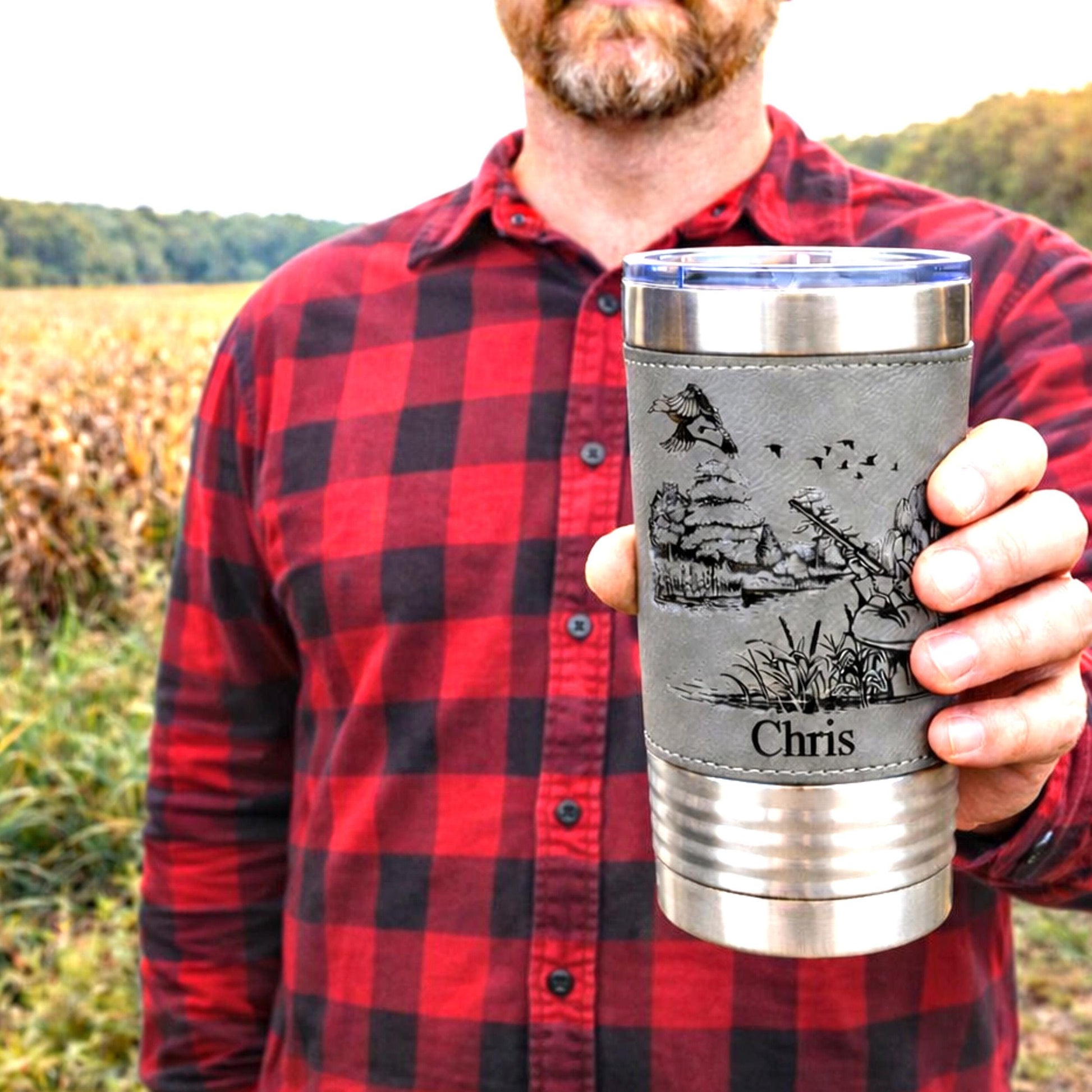 Personalized engraved duck hunting gift, best hunting gift, Polar Camel leather travel mug, outdoor tumbler, Duck hunting art, Insulated