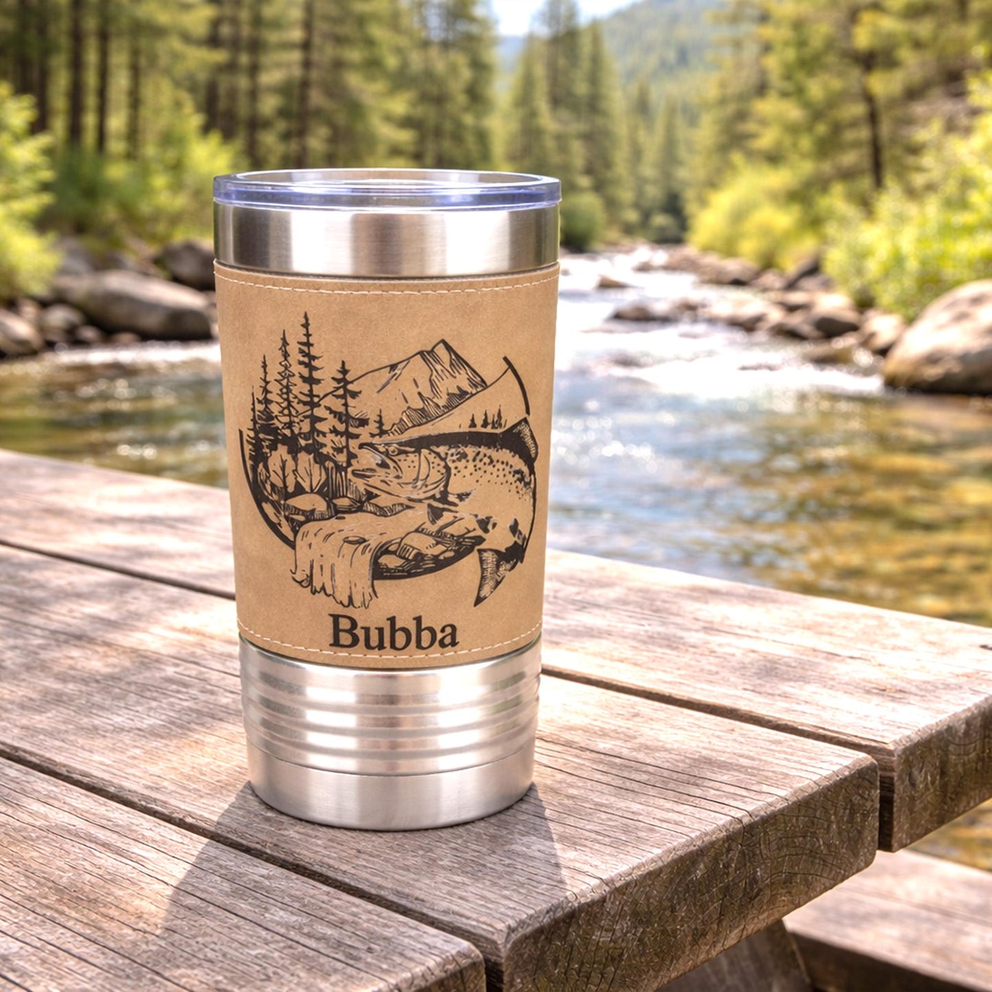 Rustic Outdoorsman Tumbler, Personalized Fishing Cup for Men, Mountain Cabin Fisherman Gift, Custom Name Travel Mug