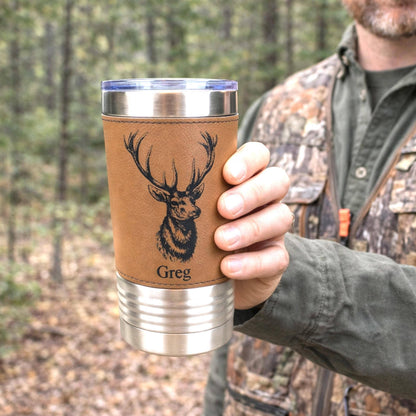 Personalized elk hunting tumbler, engraved elk hunting gift, mountain woodlands, Polar Camel, faux leather travel mug, outdoors coffee mug