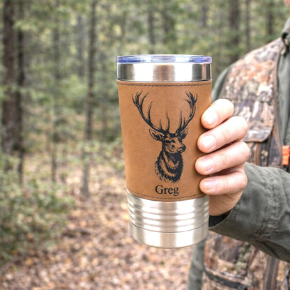 Personalized elk hunting tumbler, engraved elk hunting gift, mountain woodlands, Polar Camel, faux leather travel mug, outdoors coffee mug