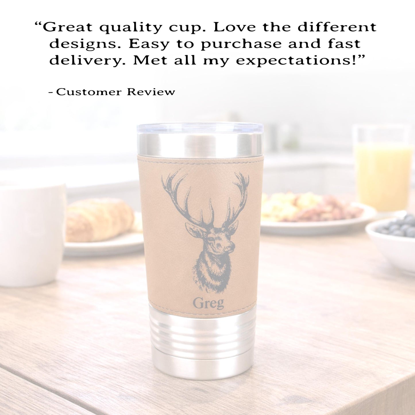 Personalized elk hunting tumbler, engraved elk hunting gift, mountain woodlands, Polar Camel, faux leather travel mug, outdoors coffee mug