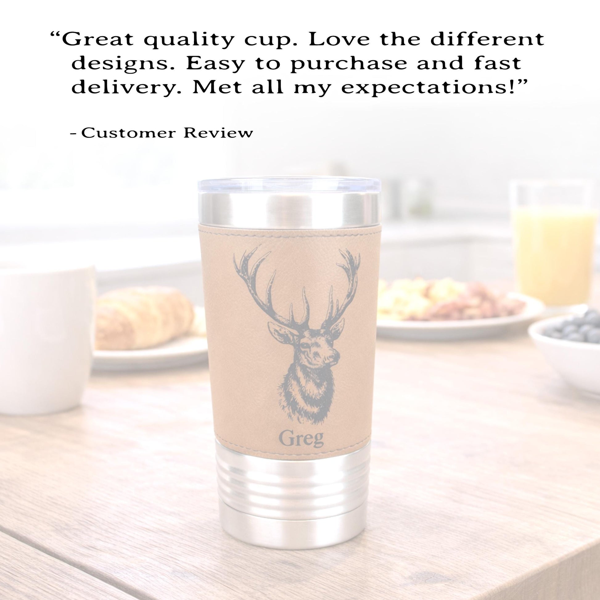 Personalized elk hunting tumbler, engraved elk hunting gift, mountain woodlands, Polar Camel, faux leather travel mug, outdoors coffee mug