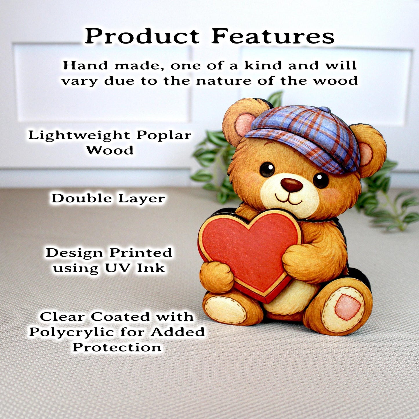 Valentine Teddy Bear Shelf Sitter – Personalized Heart, Two Sizes, Wooden Mantel & Tiered Tray Decor