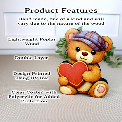 Valentine Teddy Bear Shelf Sitter – Personalized Heart, Two Sizes, Wooden Mantel & Tiered Tray Decor