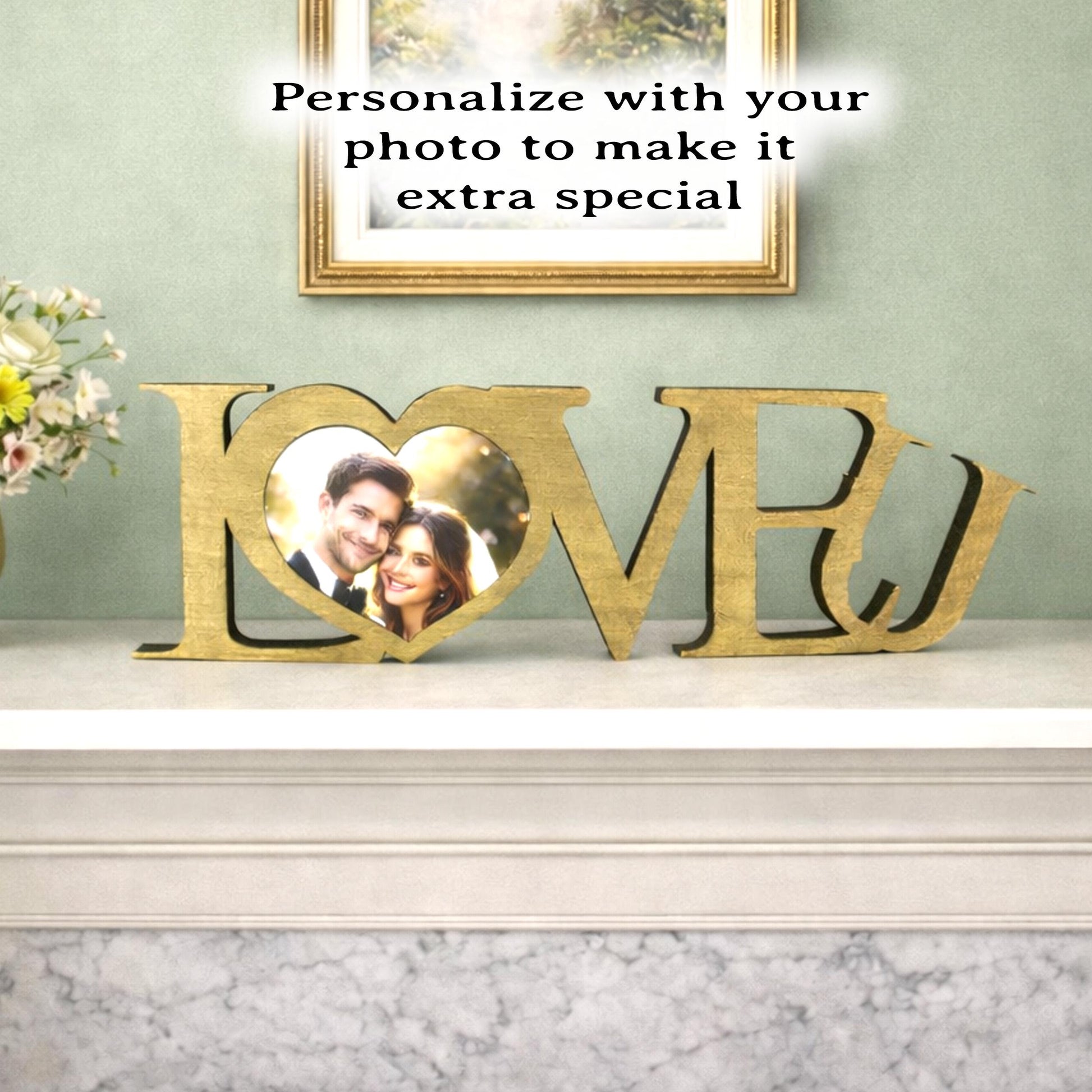 LOVE U Valentine Shelf Sitter – Personalized Wooden Sign Decor - Heart Insert with Photo or Message
