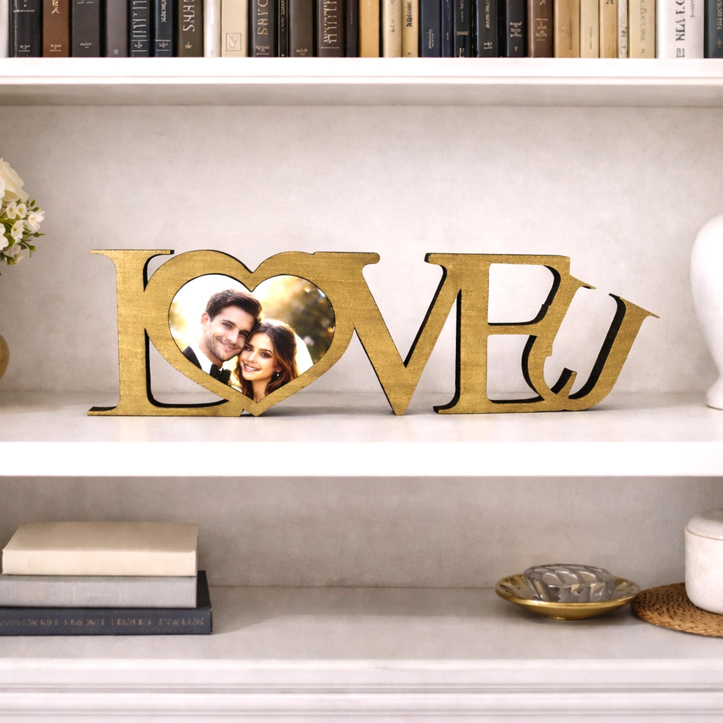 LOVE U Valentine Shelf Sitter – Personalized Wooden Sign Decor - Heart Insert with Photo or Message