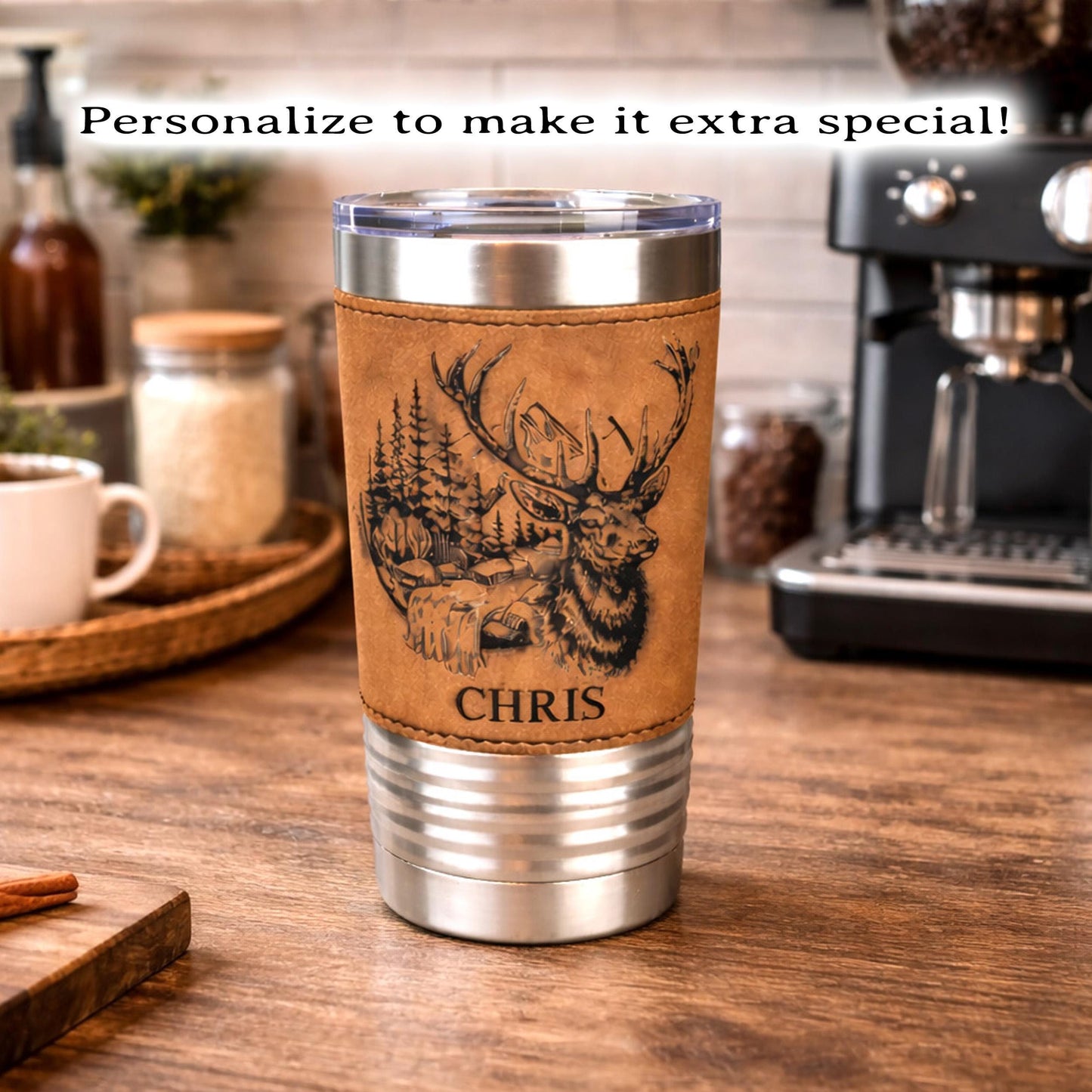 Engraved Elk in the Mountains or Elk Head Leatherette wrapped Insulated Stainless Steel Coffee Travel mug, Great Elk Hunter Gift - 1 Tumbler