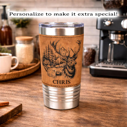 Engraved Elk in the Mountains or Elk Head Leatherette wrapped Insulated Stainless Steel Coffee Travel mug, Great Elk Hunter Gift - 1 Tumbler