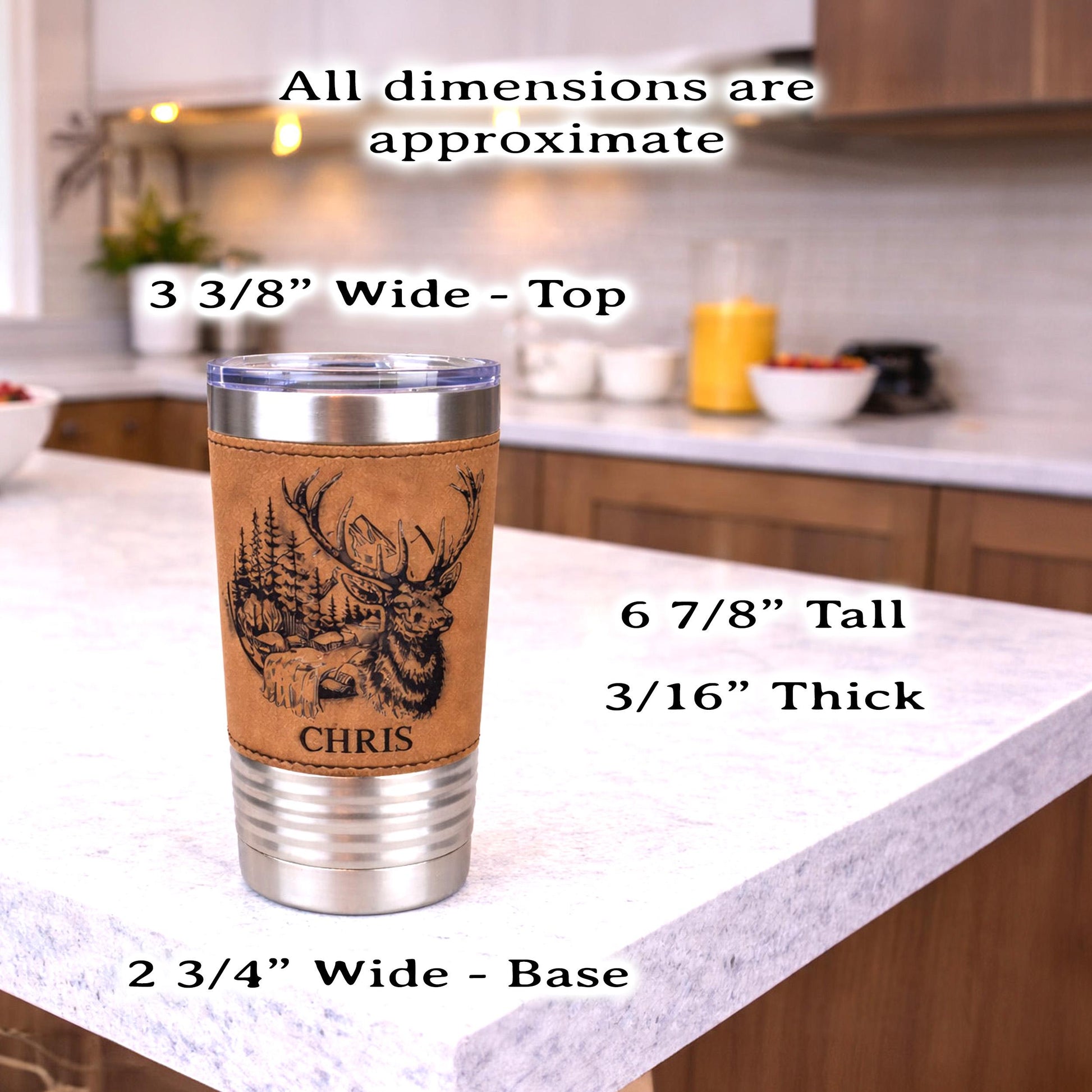 Engraved Elk in the Mountains or Elk Head Leatherette wrapped Insulated Stainless Steel Coffee Travel mug, Great Elk Hunter Gift - 1 Tumbler