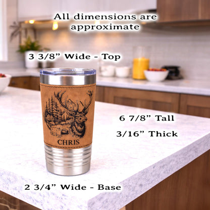 Engraved Elk in the Mountains or Elk Head Leatherette wrapped Insulated Stainless Steel Coffee Travel mug, Great Elk Hunter Gift - 1 Tumbler