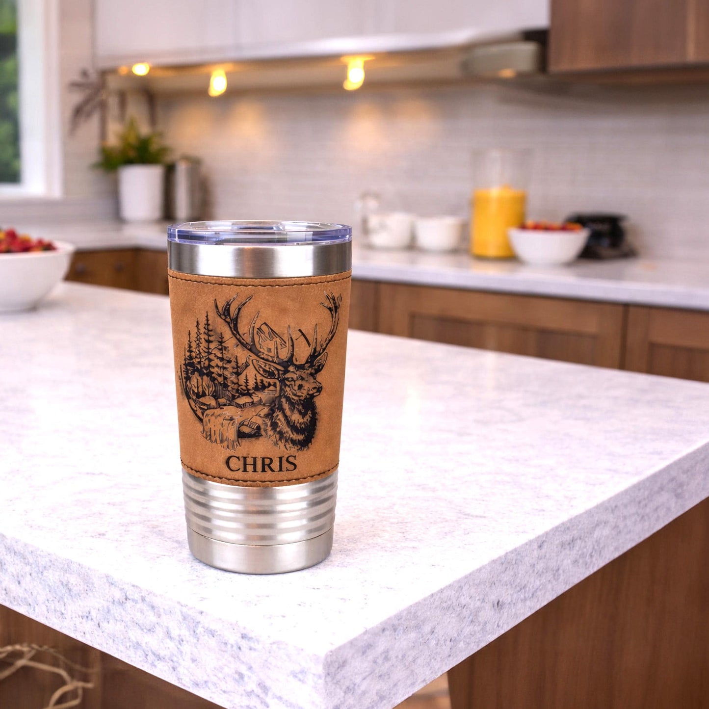 Engraved Elk in the Mountains or Elk Head Leatherette wrapped Insulated Stainless Steel Coffee Travel mug, Great Elk Hunter Gift - 1 Tumbler