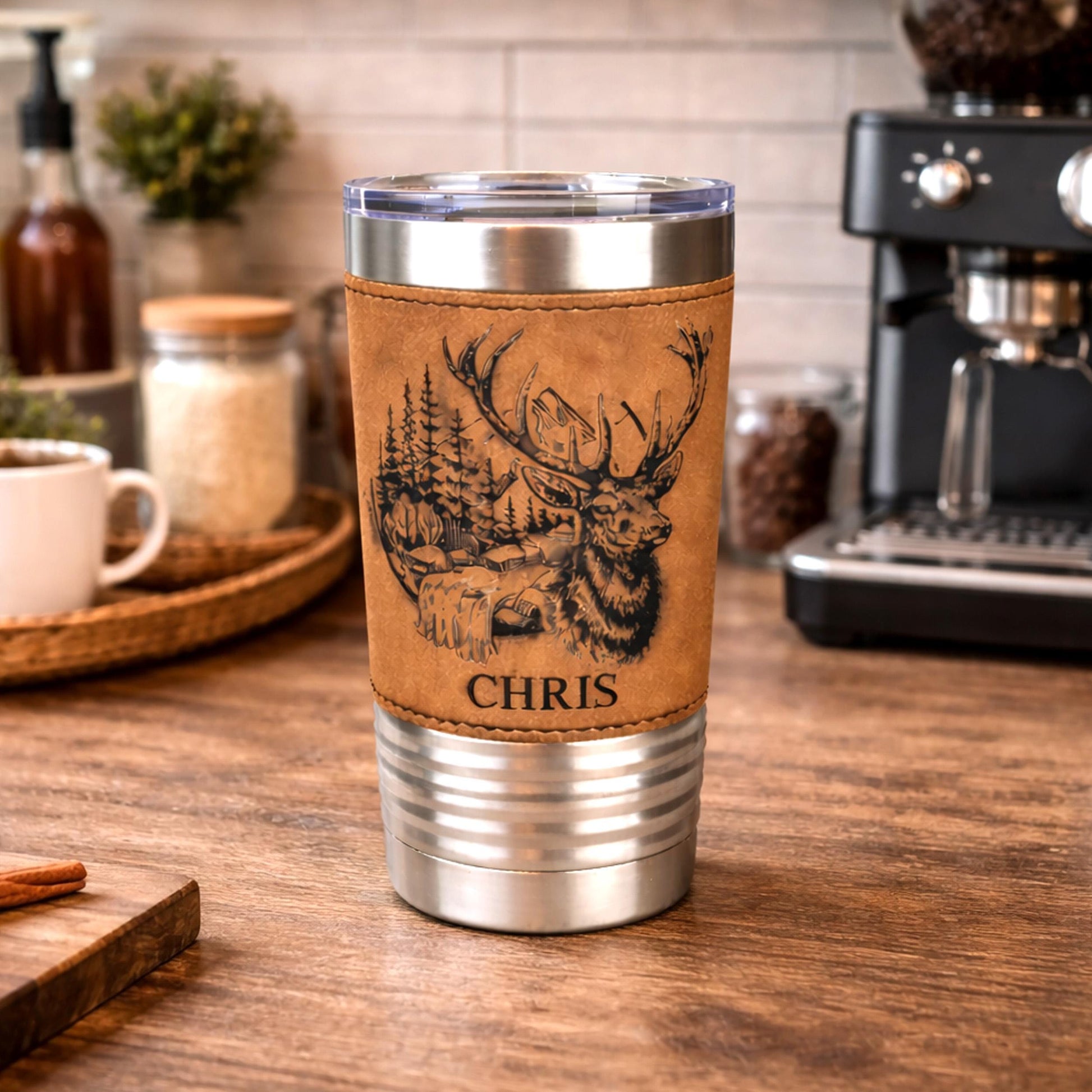 Engraved Elk in the Mountains or Elk Head Leatherette wrapped Insulated Stainless Steel Coffee Travel mug, Great Elk Hunter Gift - 1 Tumbler