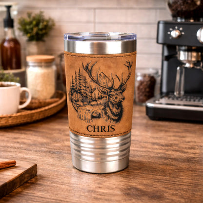 Engraved Elk in the Mountains or Elk Head Leatherette wrapped Insulated Stainless Steel Coffee Travel mug, Great Elk Hunter Gift - 1 Tumbler