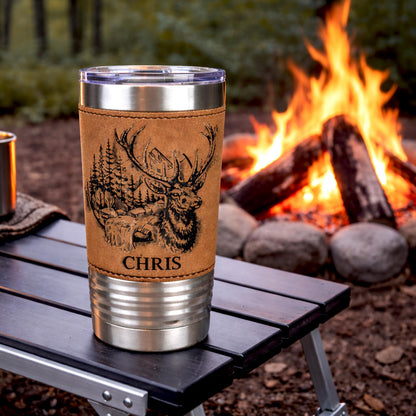 Engraved Elk in the Mountains or Elk Head Leatherette wrapped Insulated Stainless Steel Coffee Travel mug, Great Elk Hunter Gift - 1 Tumbler