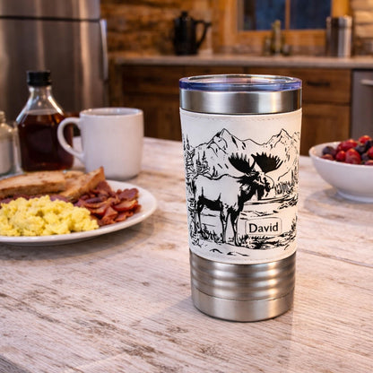 Personalized Moose Head Travel Mug | Laser Engraved Hunting Scene with Mountains & Forest | Faux Leather Polar Camel Tumbler