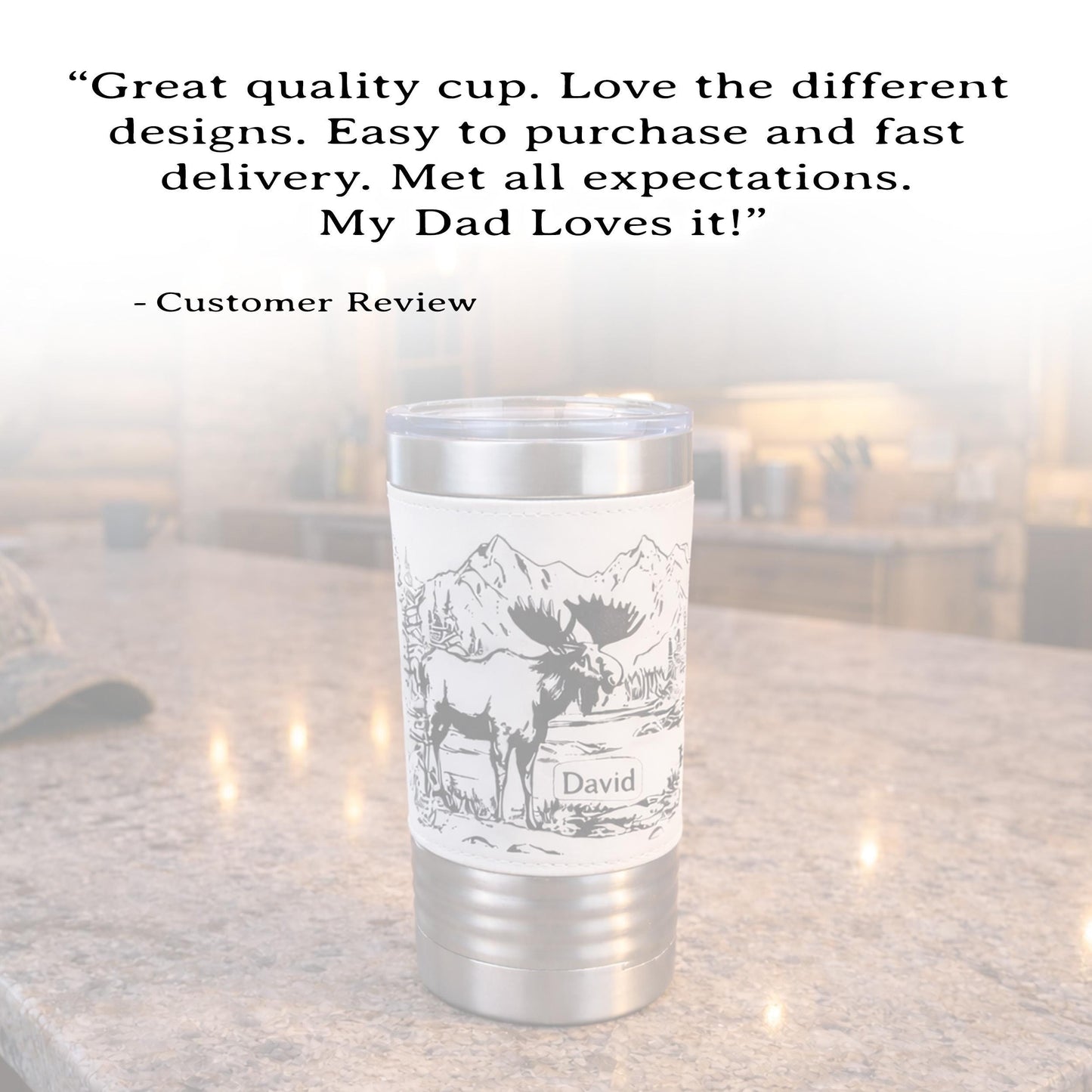 Personalized Moose Head Travel Mug | Laser Engraved Hunting Scene with Mountains & Forest | Faux Leather Polar Camel Tumbler