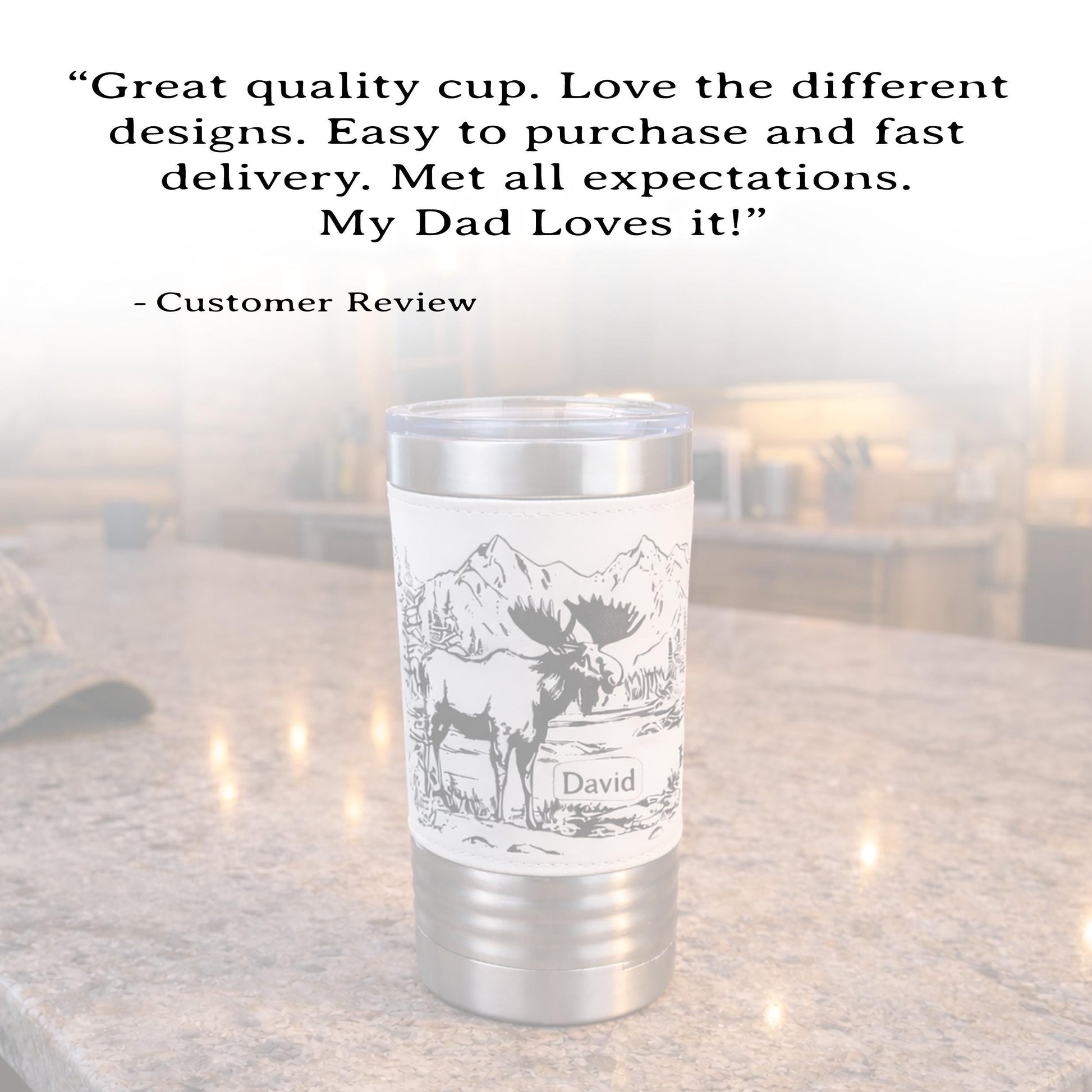Personalized Moose Head Travel Mug | Laser Engraved Hunting Scene with Mountains & Forest | Faux Leather Polar Camel Tumbler