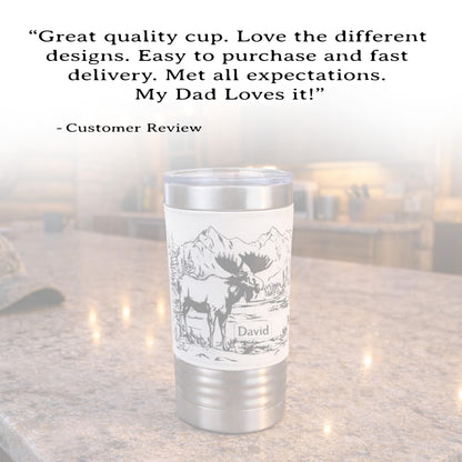 Personalized Moose Head Travel Mug | Laser Engraved Hunting Scene with Mountains & Forest | Faux Leather Polar Camel Tumbler