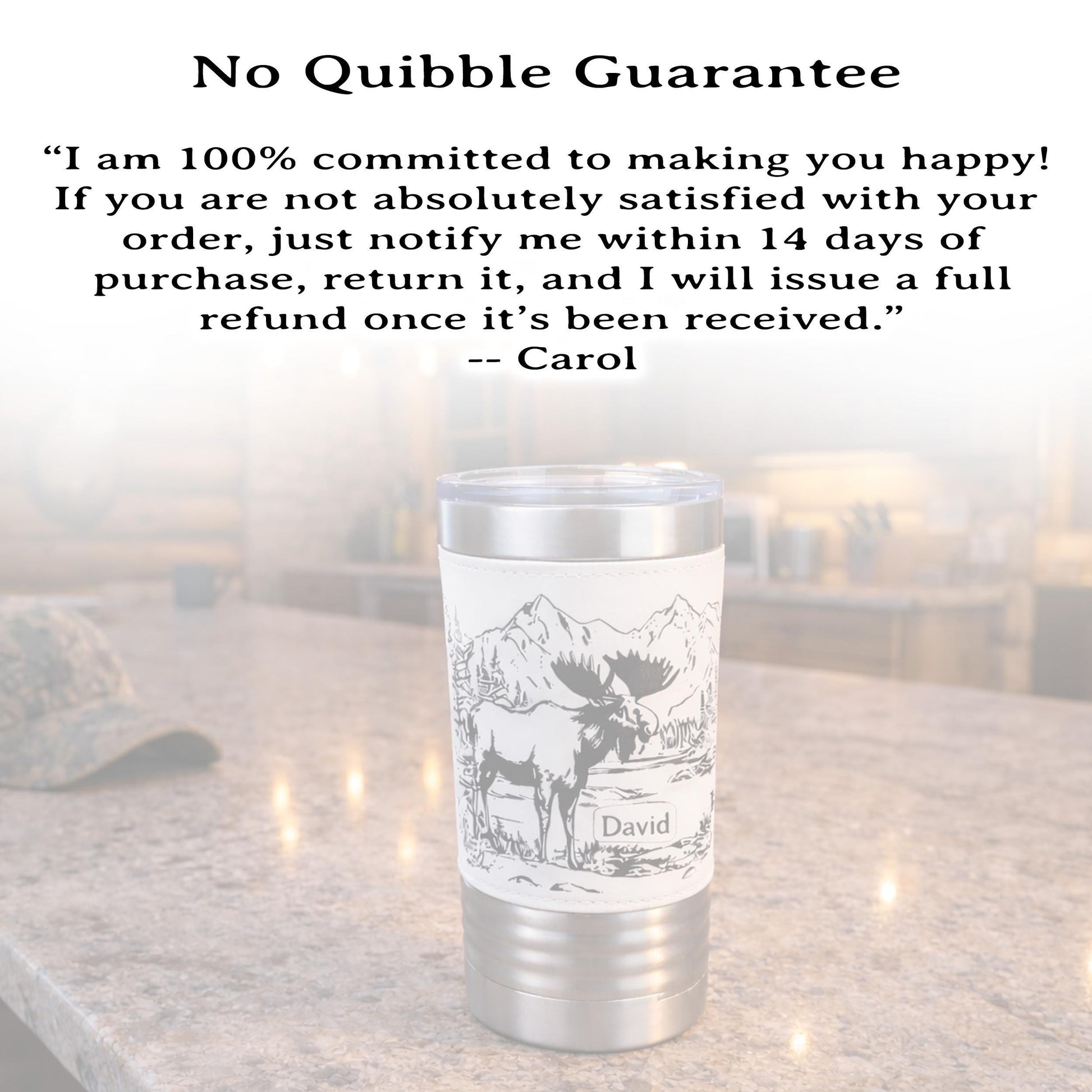 Personalized Moose Head Travel Mug | Laser Engraved Hunting Scene with Mountains & Forest | Faux Leather Polar Camel Tumbler