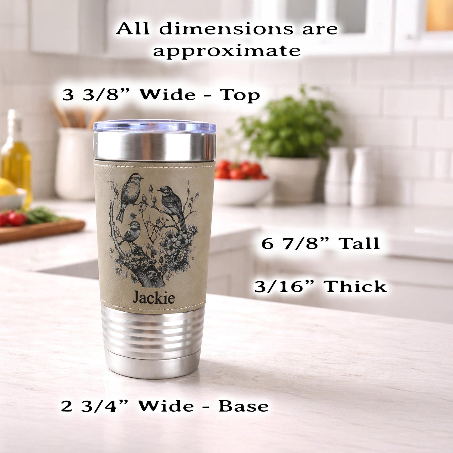 Beautiful Detailed Cherry Blossoms/Birds Engraved on this Insulated Coffee Travel Mug made of Stainless Steel and wrapped with Leatherette