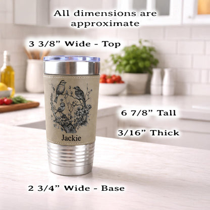 Beautiful Detailed Cherry Blossoms/Birds Engraved on this Insulated Coffee Travel Mug made of Stainless Steel and wrapped with Leatherette