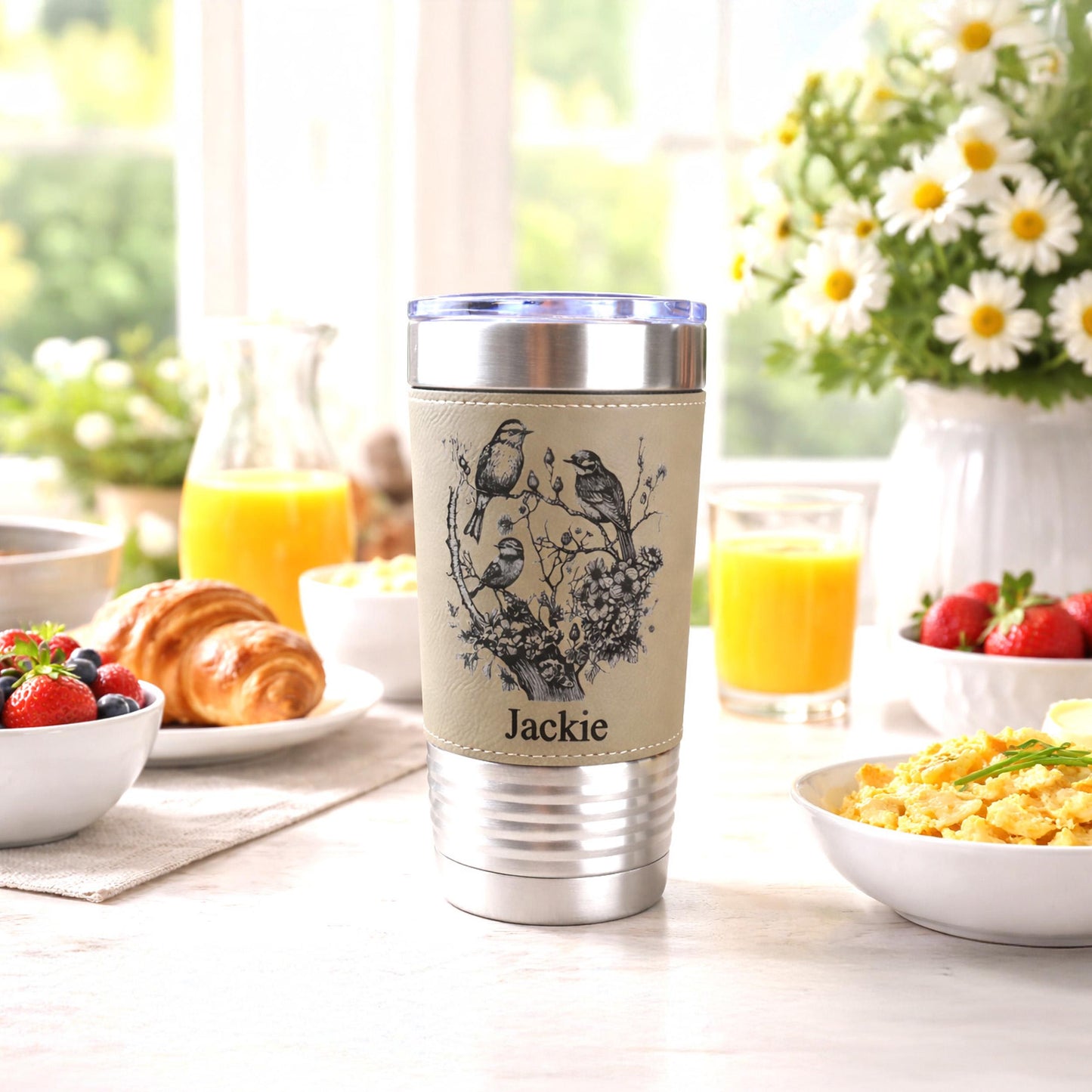 Beautiful Detailed Cherry Blossoms/Birds Engraved on this Insulated Coffee Travel Mug made of Stainless Steel and wrapped with Leatherette