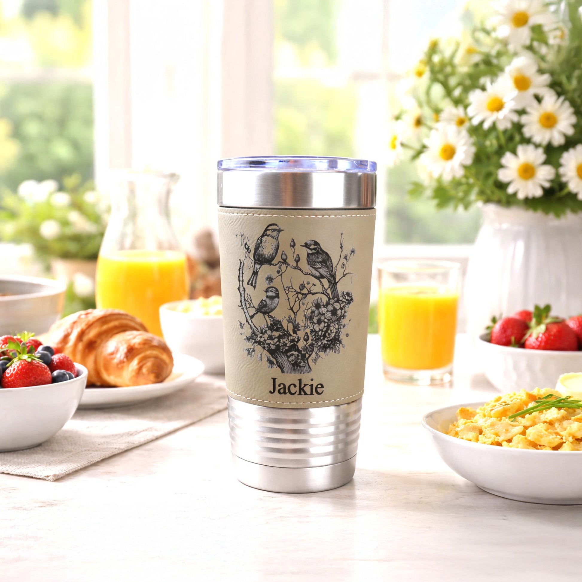Beautiful Detailed Cherry Blossoms/Birds Engraved on this Insulated Coffee Travel Mug made of Stainless Steel and wrapped with Leatherette