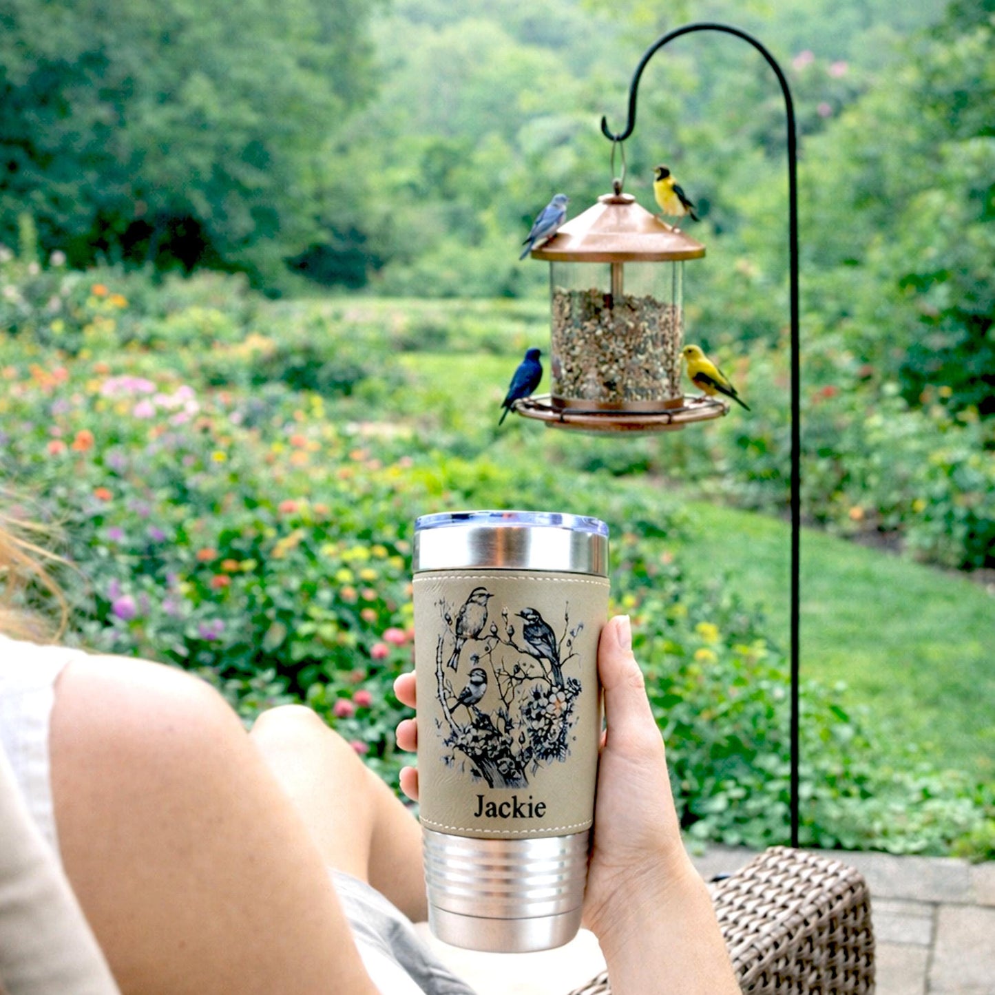 Beautiful Detailed Cherry Blossoms/Birds Engraved on this Insulated Coffee Travel Mug made of Stainless Steel and wrapped with Leatherette