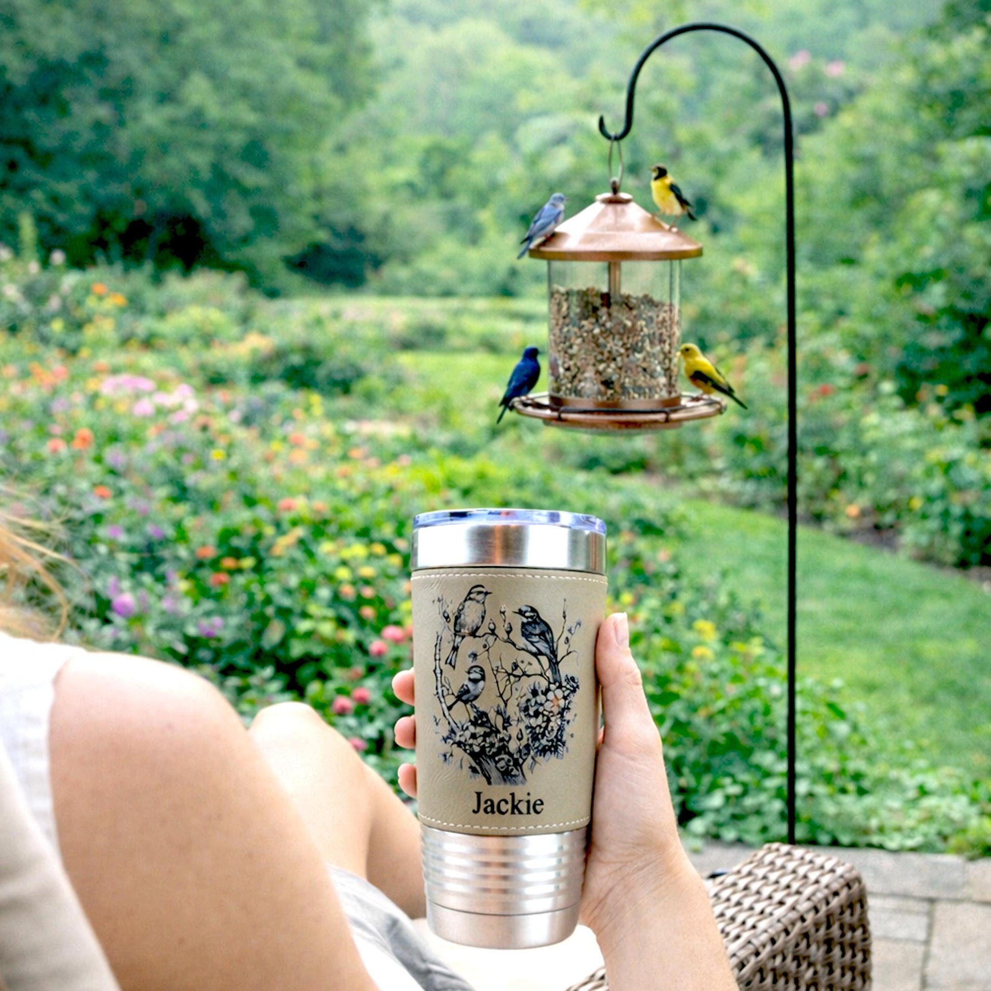 Beautiful Detailed Cherry Blossoms/Birds Engraved on this Insulated Coffee Travel Mug made of Stainless Steel and wrapped with Leatherette