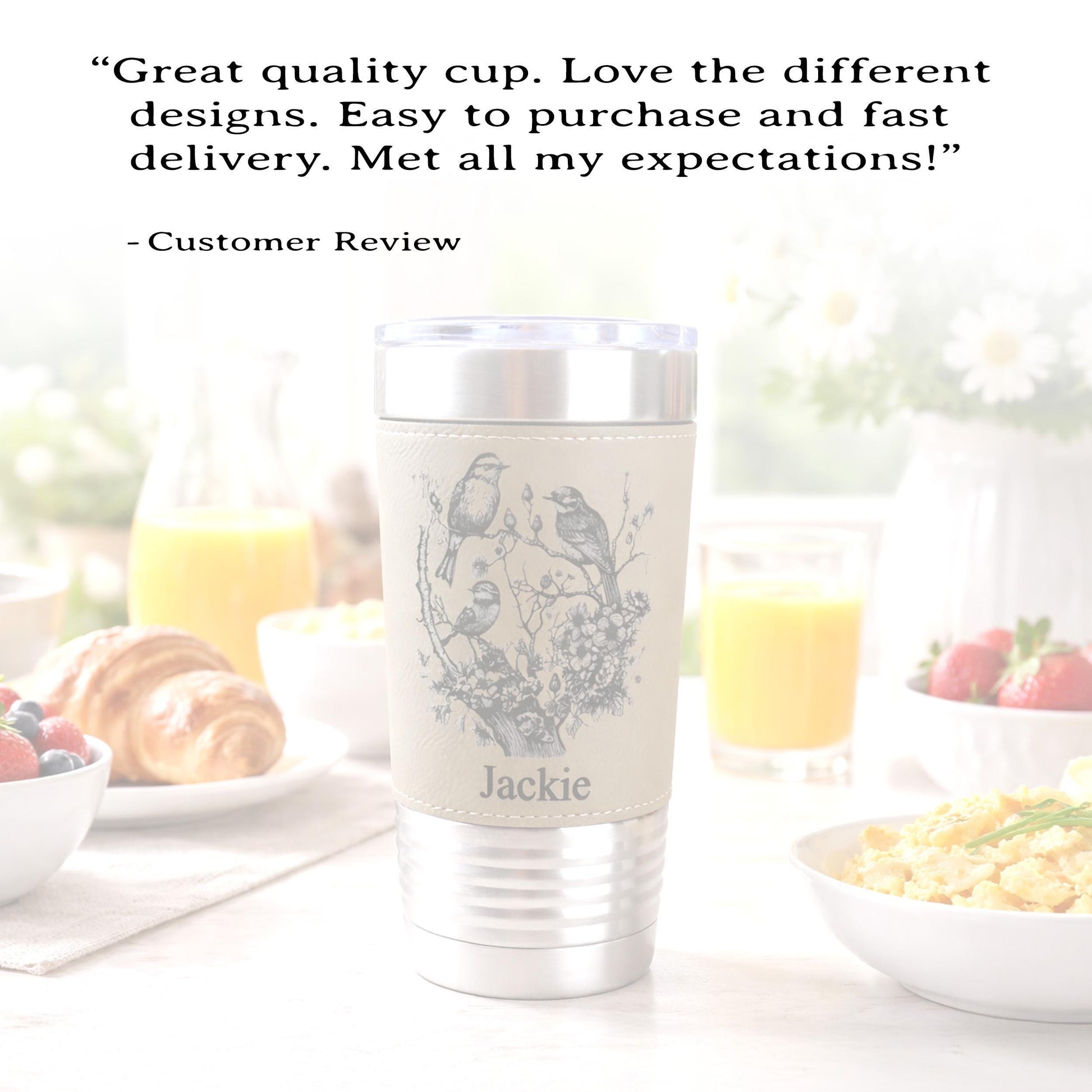 Beautiful Detailed Cherry Blossoms/Birds Engraved on this Insulated Coffee Travel Mug made of Stainless Steel and wrapped with Leatherette