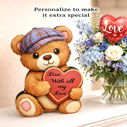 Valentine Teddy Bear Shelf Sitter – Personalized Heart, Two Sizes, Wooden Mantel & Tiered Tray Decor