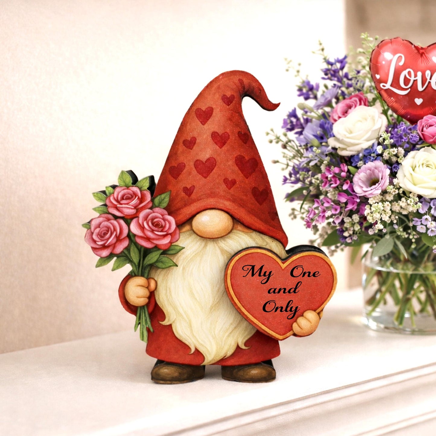 Valentine Gnome Shelf Sitter – Personalized Heart, Wooden Mantel & Tiered Tray Decor