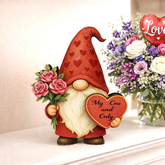 Valentine Gnome Shelf Sitter – Personalized Heart, Wooden Mantel & Tiered Tray Decor
