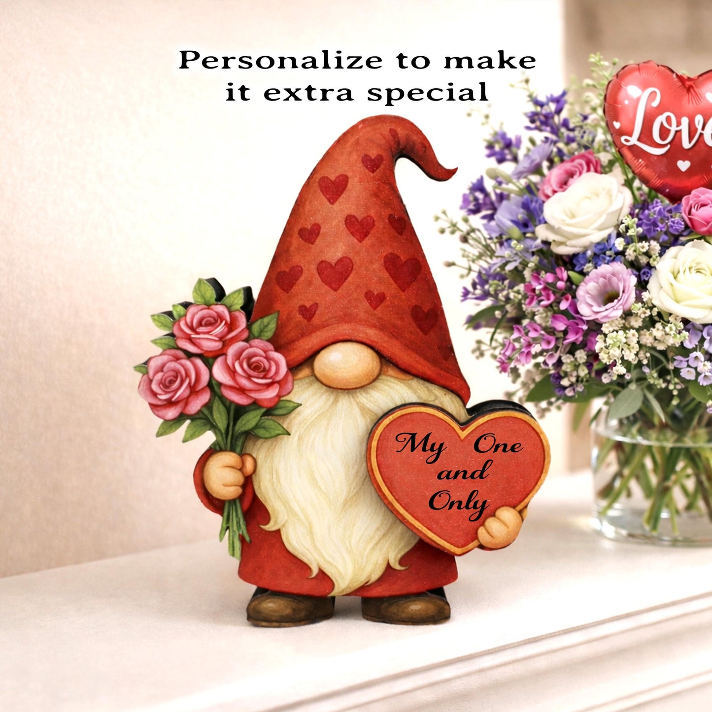 Valentine Gnome Shelf Sitter – Personalized Heart, Wooden Mantel & Tiered Tray Decor