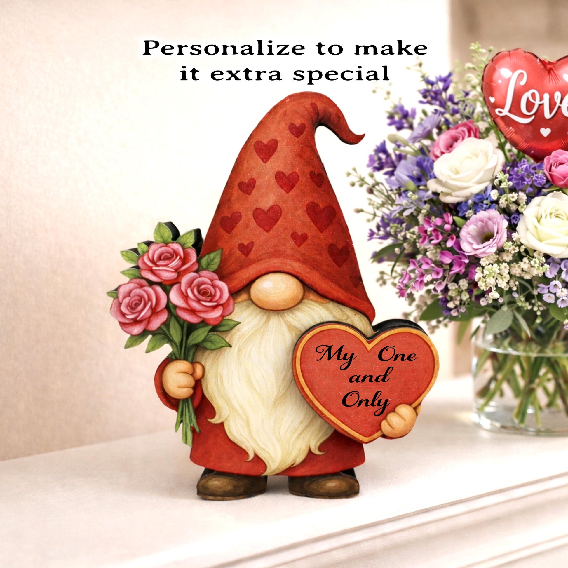 Valentine Gnome Shelf Sitter – Personalized Heart, Wooden Mantel & Tiered Tray Decor