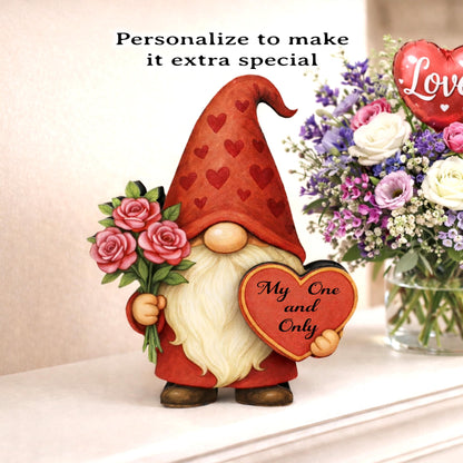 Valentine Gnome Shelf Sitter – Personalized Heart, Wooden Mantel & Tiered Tray Decor
