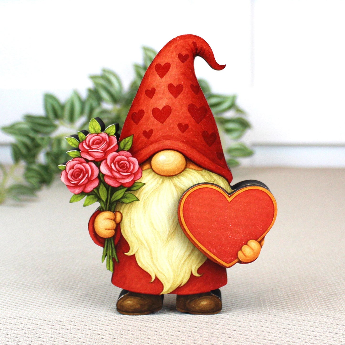 Valentine Gnome Shelf Sitter – Personalized Heart, Wooden Mantel & Tiered Tray Decor