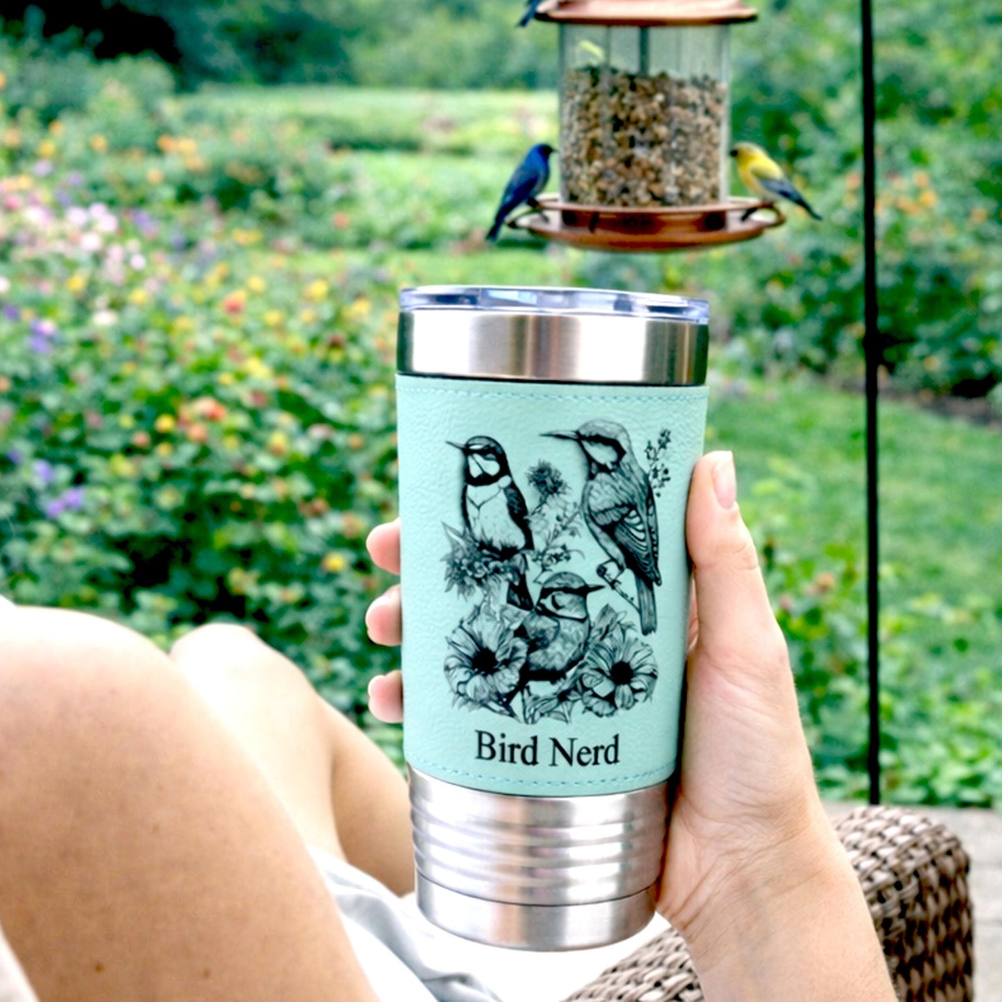 Beautiful Detailed Summer Birds Engraved on this Insulated Leatherette Wrapped Insulated Stainless Steel Coffee Travel Mug, Bird Lover Gift