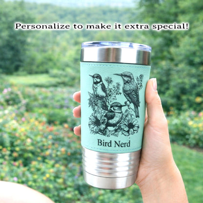Beautiful Detailed Summer Birds Engraved on this Insulated Leatherette Wrapped Insulated Stainless Steel Coffee Travel Mug, Bird Lover Gift