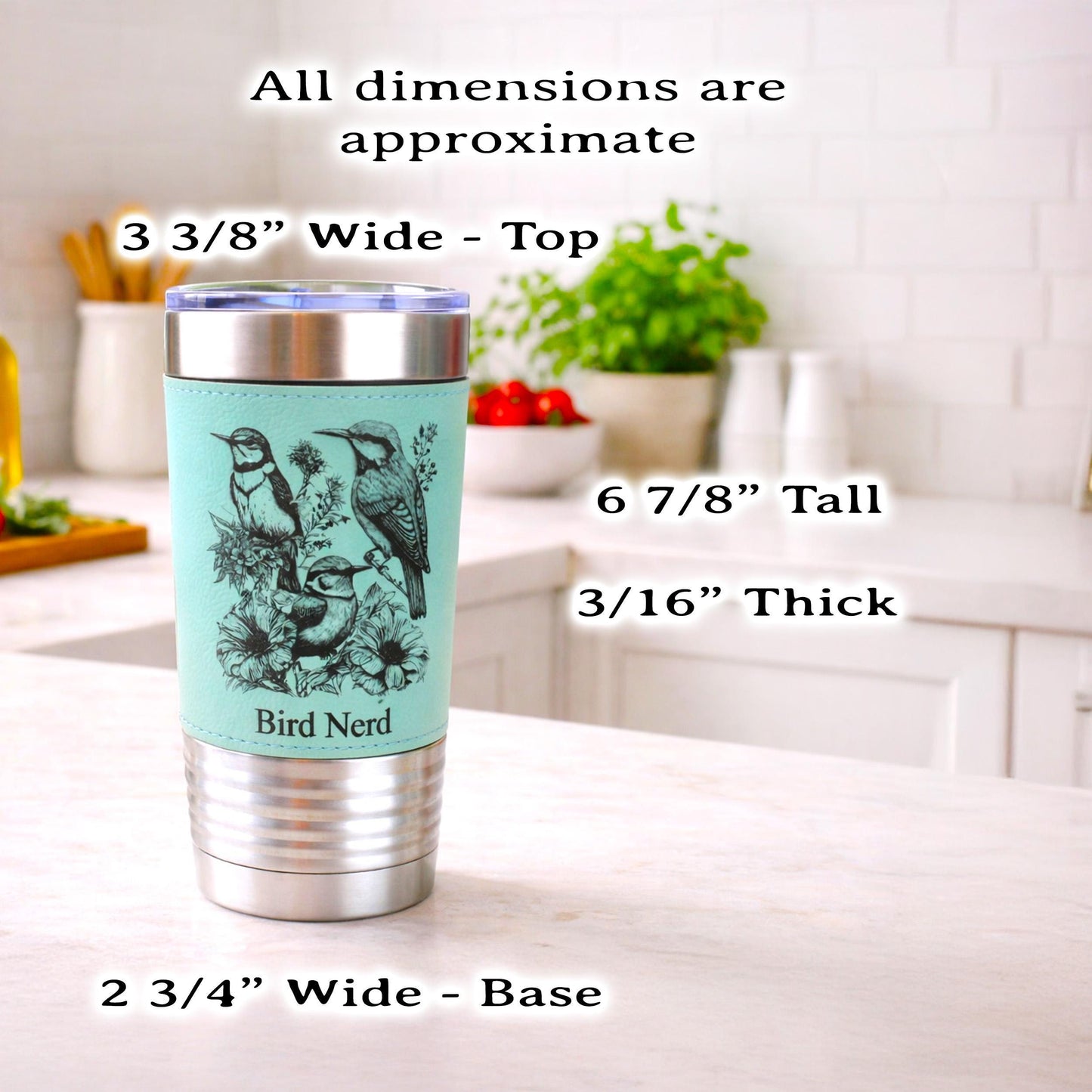 Beautiful Detailed Summer Birds Engraved on this Insulated Leatherette Wrapped Insulated Stainless Steel Coffee Travel Mug, Bird Lover Gift