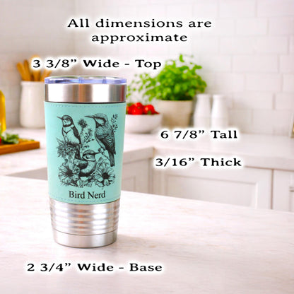 Beautiful Detailed Summer Birds Engraved on this Insulated Leatherette Wrapped Insulated Stainless Steel Coffee Travel Mug, Bird Lover Gift