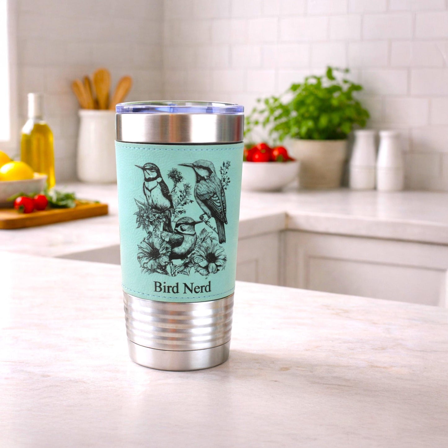Beautiful Detailed Summer Birds Engraved on this Insulated Leatherette Wrapped Insulated Stainless Steel Coffee Travel Mug, Bird Lover Gift