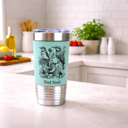 Beautiful Detailed Summer Birds Engraved on this Insulated Leatherette Wrapped Insulated Stainless Steel Coffee Travel Mug, Bird Lover Gift
