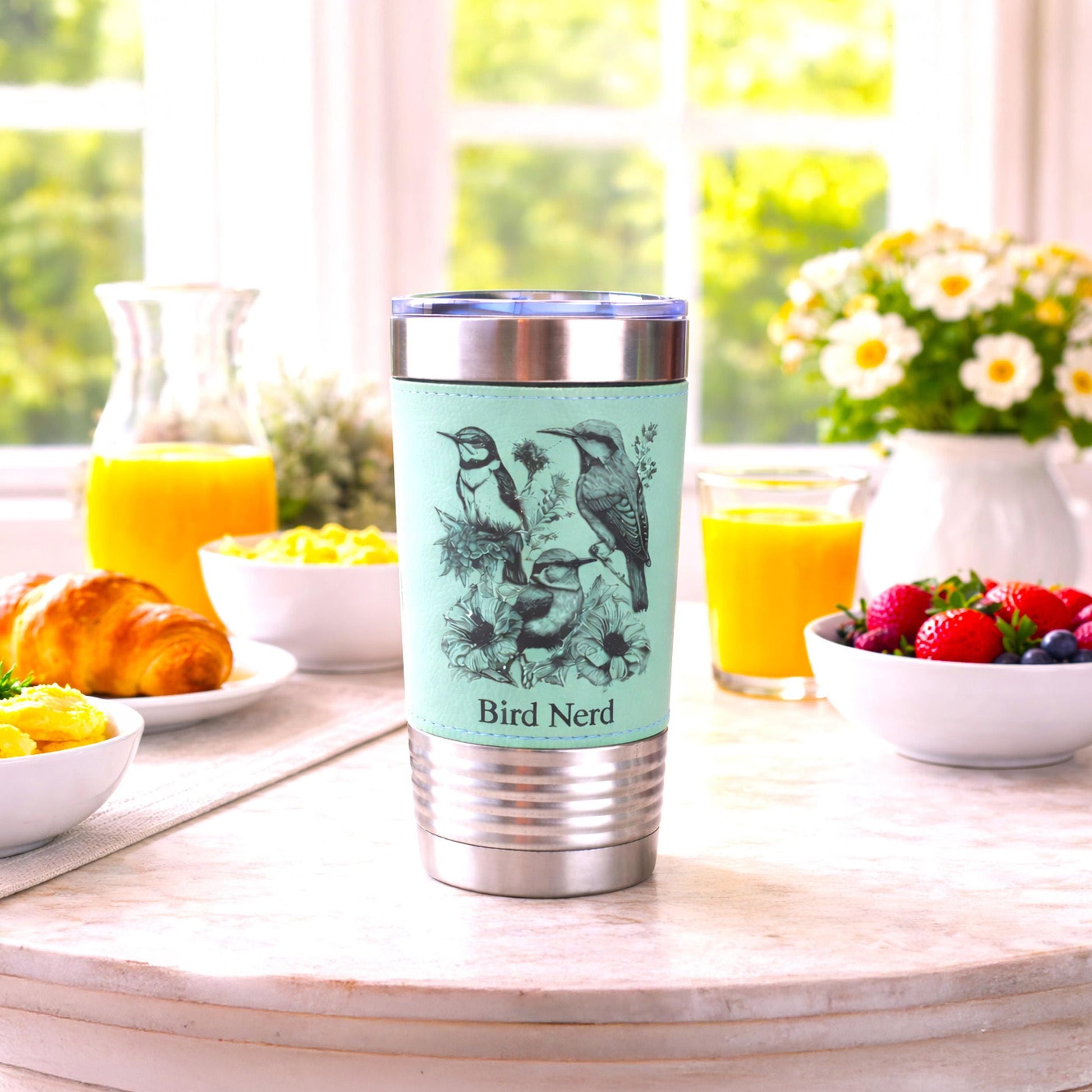 Beautiful Detailed Summer Birds Engraved on this Insulated Leatherette Wrapped Insulated Stainless Steel Coffee Travel Mug, Bird Lover Gift