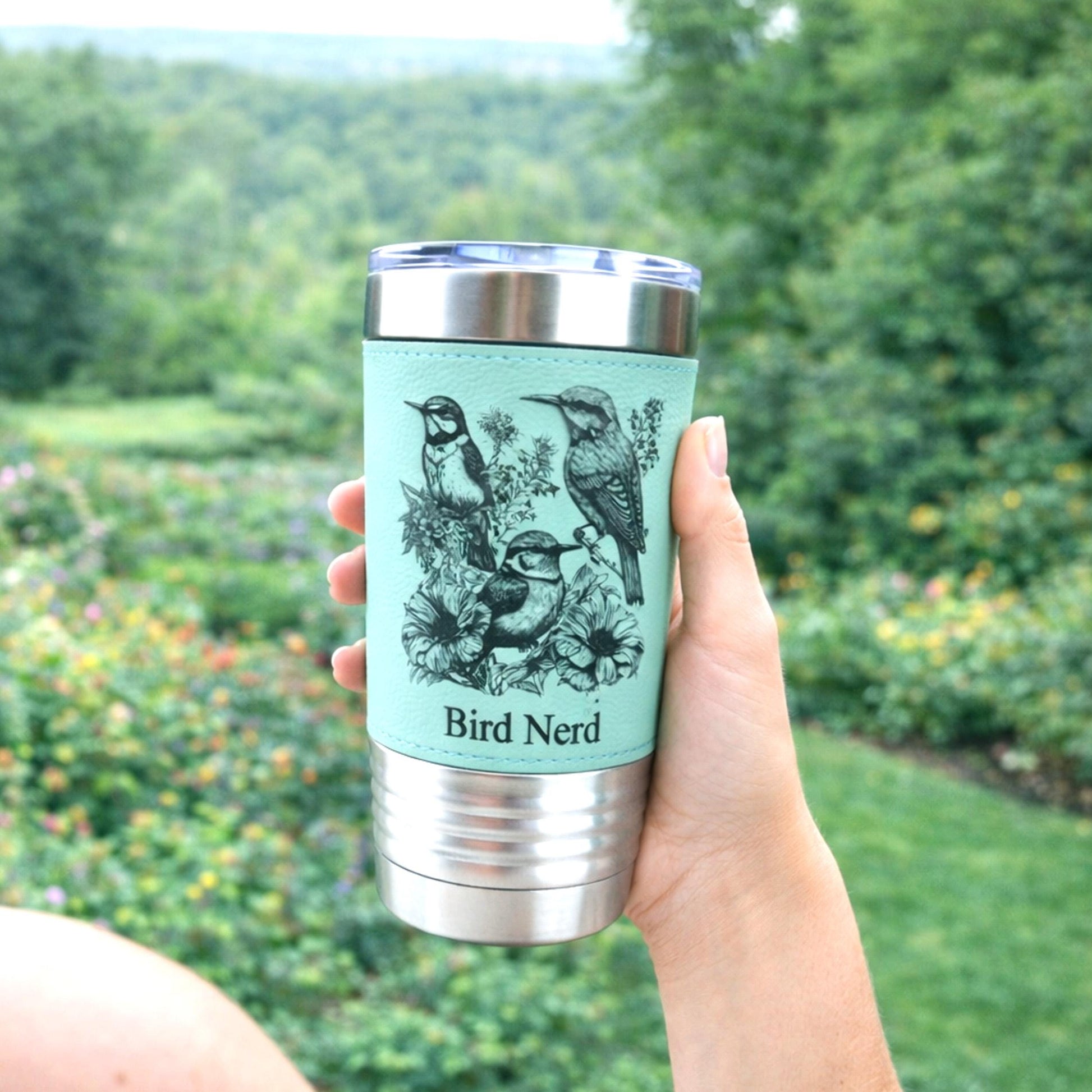 Beautiful Detailed Summer Birds Engraved on this Insulated Leatherette Wrapped Insulated Stainless Steel Coffee Travel Mug, Bird Lover Gift